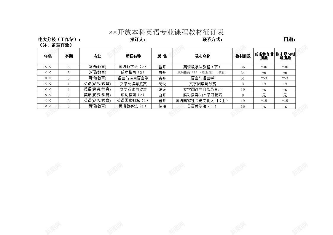 开放本科英语专业课程教材征订表办公Excel_新图网 https://ixintu.com 专业 开放 征订 本科 英语 课程教材