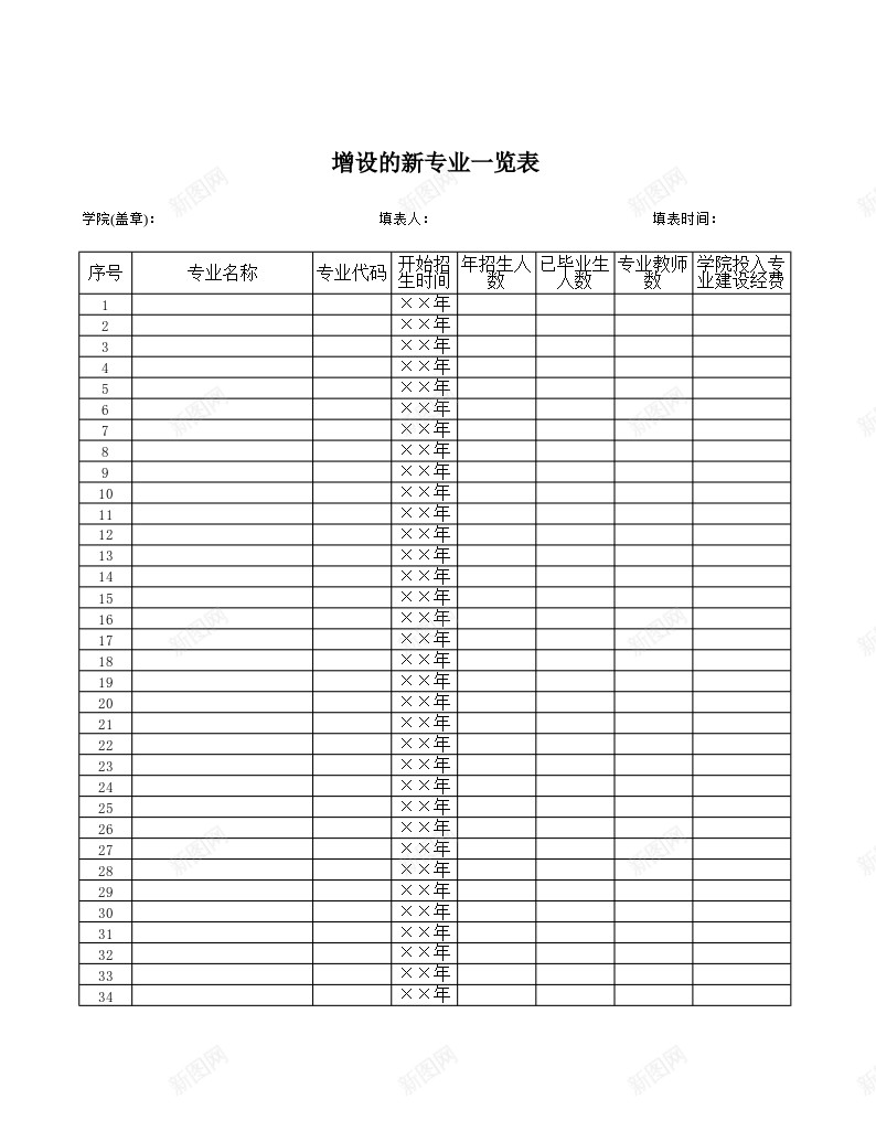 增设的新专业一览表办公Excel_新图网 https://ixintu.com 一览表 专业 增设 新专业