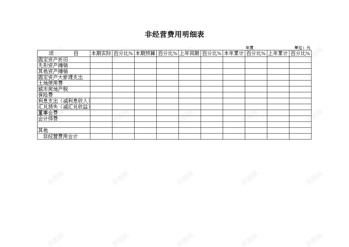 非经营费用明细表办公Excel_新图网 https://ixintu.com 明细表 经营 费用 非经