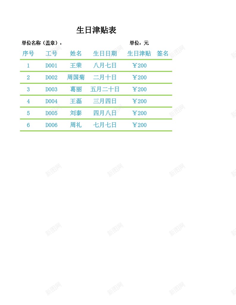 生日津贴表办公Excel_新图网 https://ixintu.com 津贴 生日