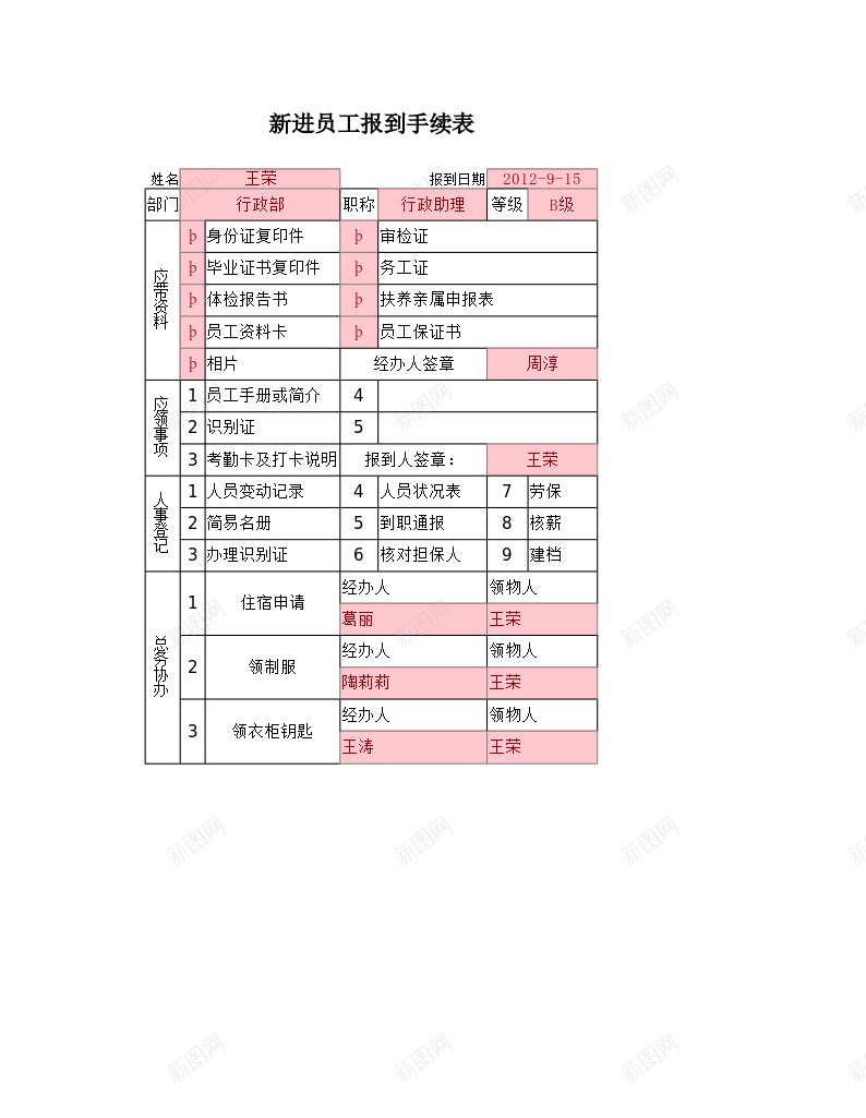 员工报到手续表办公Excel_新图网 https://ixintu.com 到手 员工 报到 续表