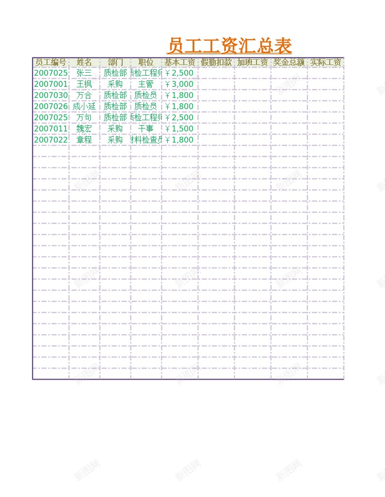 员工工资汇总表办公Excel_新图网 https://ixintu.com 员工 工资 汇总表