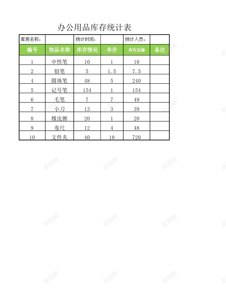 办公用品库存统计表办公Excel_新图网 https://ixintu.com 办公用品 库存 统计表