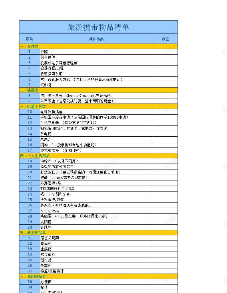 境外游必备物品清单Excel图表模板办公Excel_新图网 https://ixintu.com 图表 境外 必备 模板 清单 物品