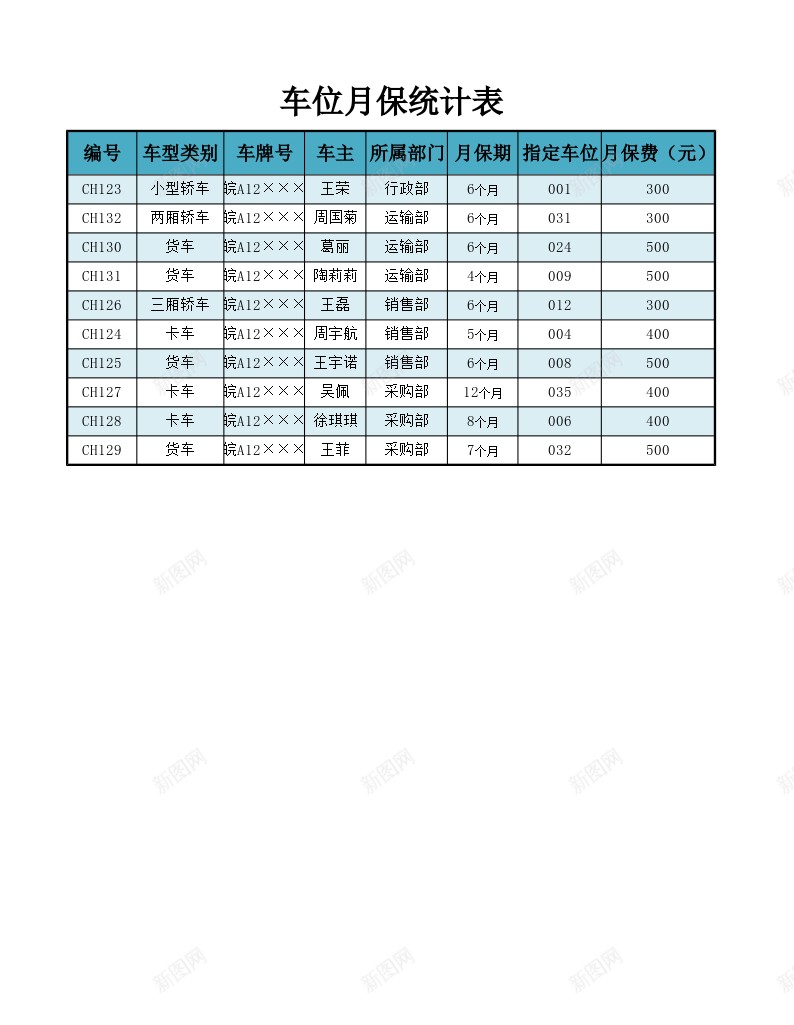 车位月保统计表办公Excel_新图网 https://ixintu.com 月保 统计表 车位