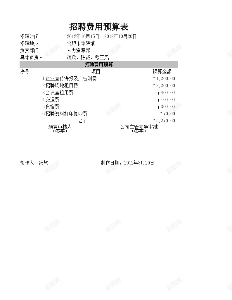 招聘费用预算表办公Excel_新图网 https://ixintu.com 招聘 费用 预算