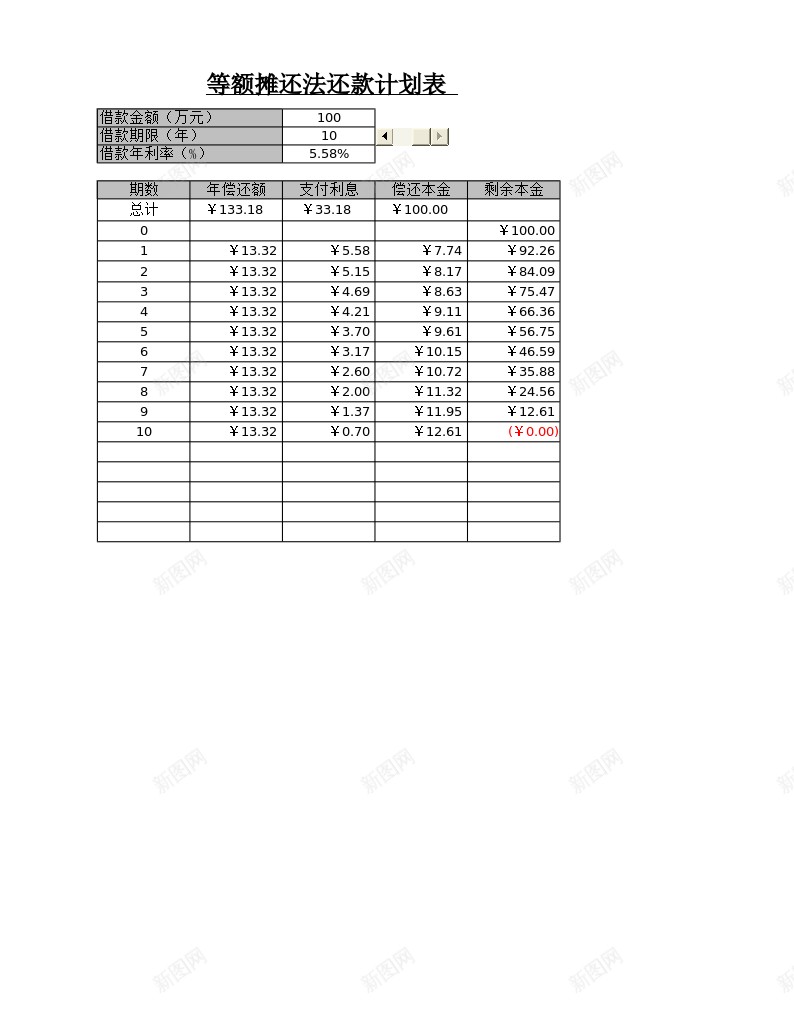 等额摊还法计划表办公Excel_新图网 https://ixintu.com 摊还 等额 计划表