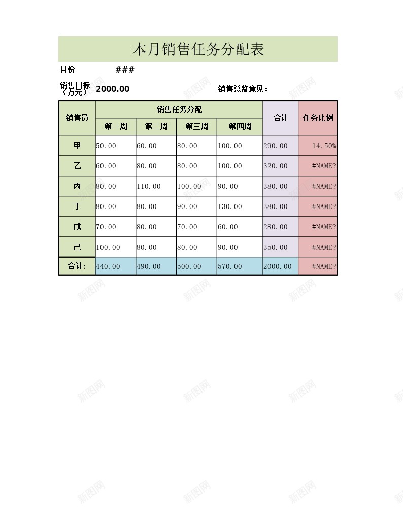 本月销售任务分配表办公Excel_新图网 https://ixintu.com 任务 分配 本月 销售