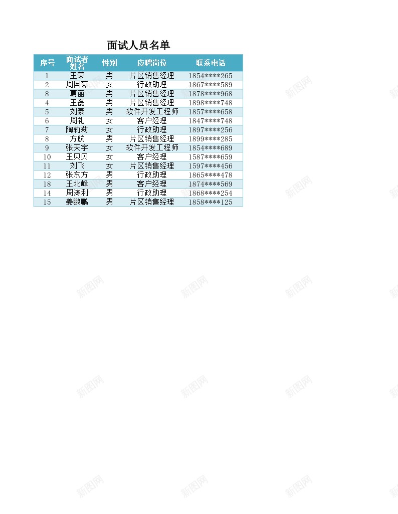 面试人员名单办公Excel_新图网 https://ixintu.com 人员名单 面试