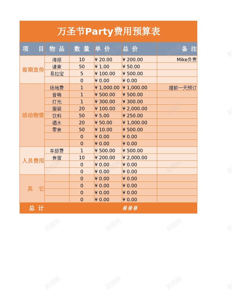 万圣节活动预算表模板Excel图表模板办公Excel_新图网 https://ixintu.com 万圣节 图表 模板 活动 预算