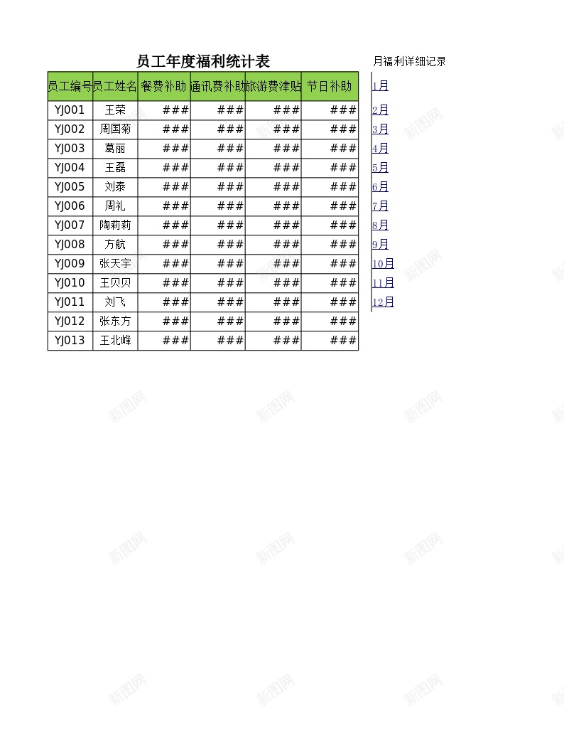 员工年度福利统计表办公Excel_新图网 https://ixintu.com 员工 年度 福利 统计表