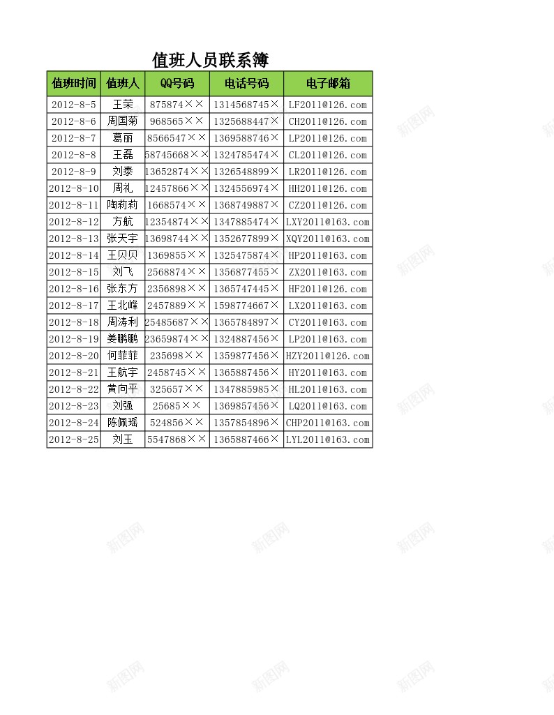 值班人员联系薄办公Excel_新图网 https://ixintu.com 人员 值班 联系