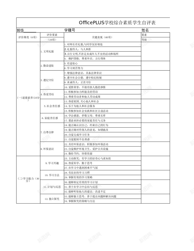 学生综合素质自评表Excel图表模板办公Excel_新图网 https://ixintu.com 图表 学生 模板 素质 综合 自评