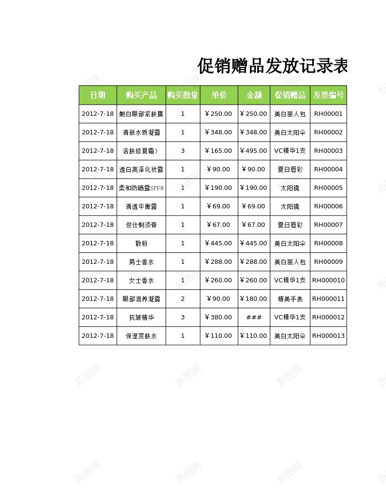 发放赠品记录单办公Excel_新图网 https://ixintu.com 发放 记录 赠品